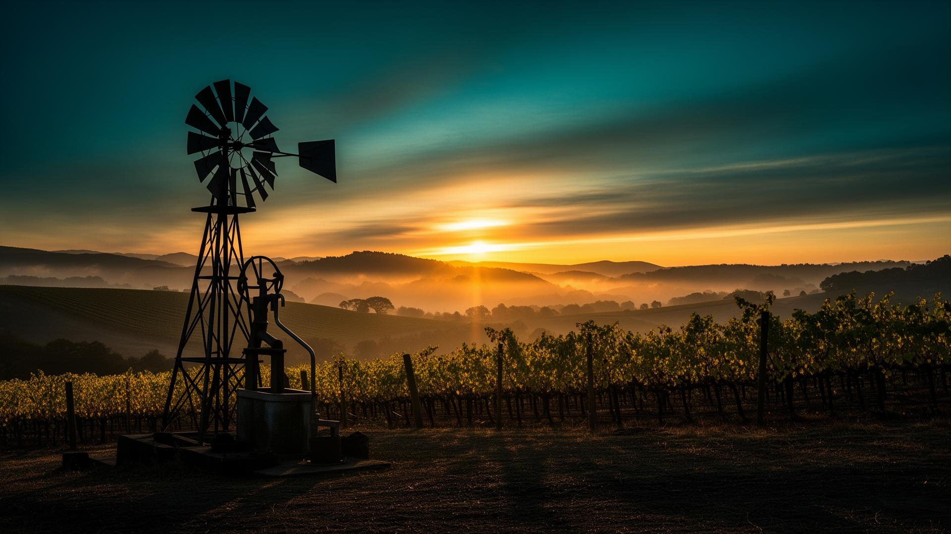 Windmill at sunrise over Sonoma County vineyards